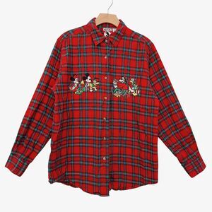 Vintage Mickey Inc Flannel Shirt Womens Medium Red Plaid Embroidered  Christmas